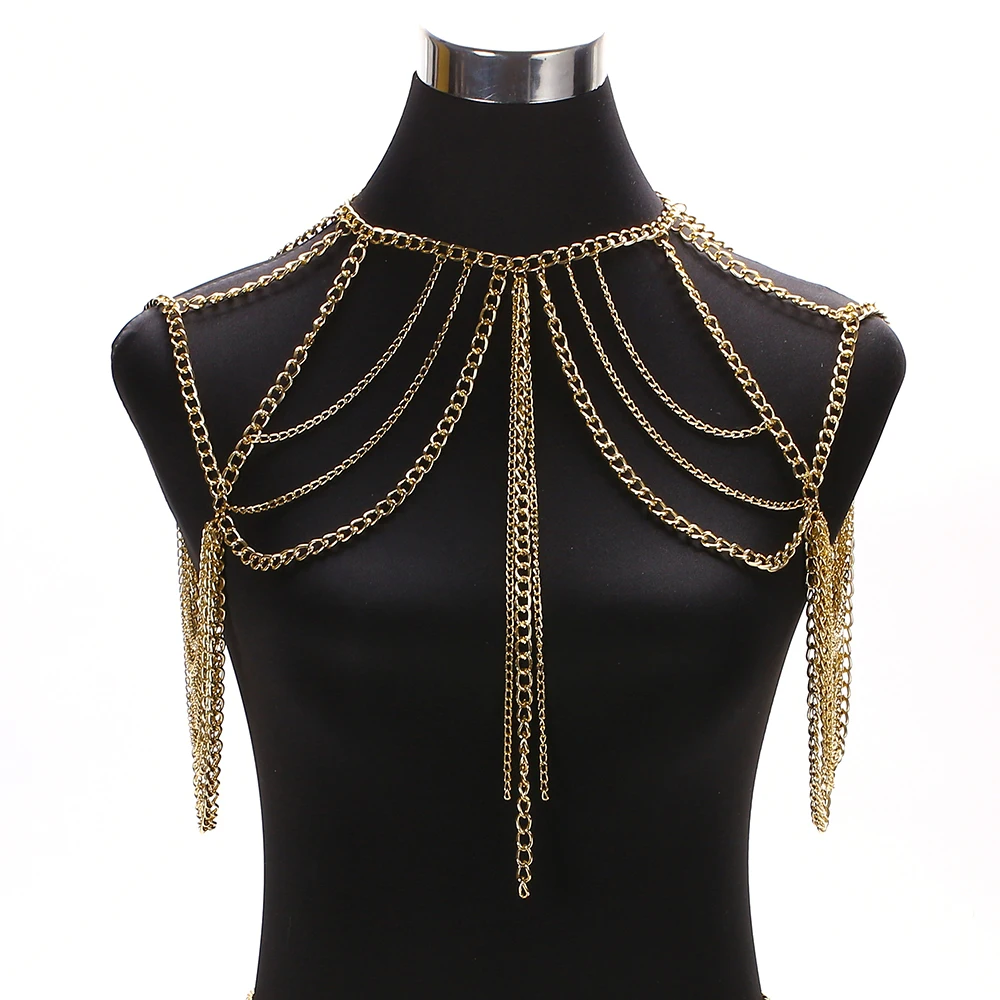 

BeUrSelf Body Chain Choker Multilayer Summer Beach Bikini Jewelry Night Bar Punk Style Women Bralette Shoulder Chain Jewelry