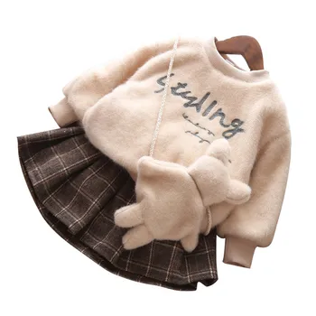 

SFT-034 2018 Autumn/Winter baby girls clothing set Cute Plush Pullover+ Pleated skirt 0-5 years old baby