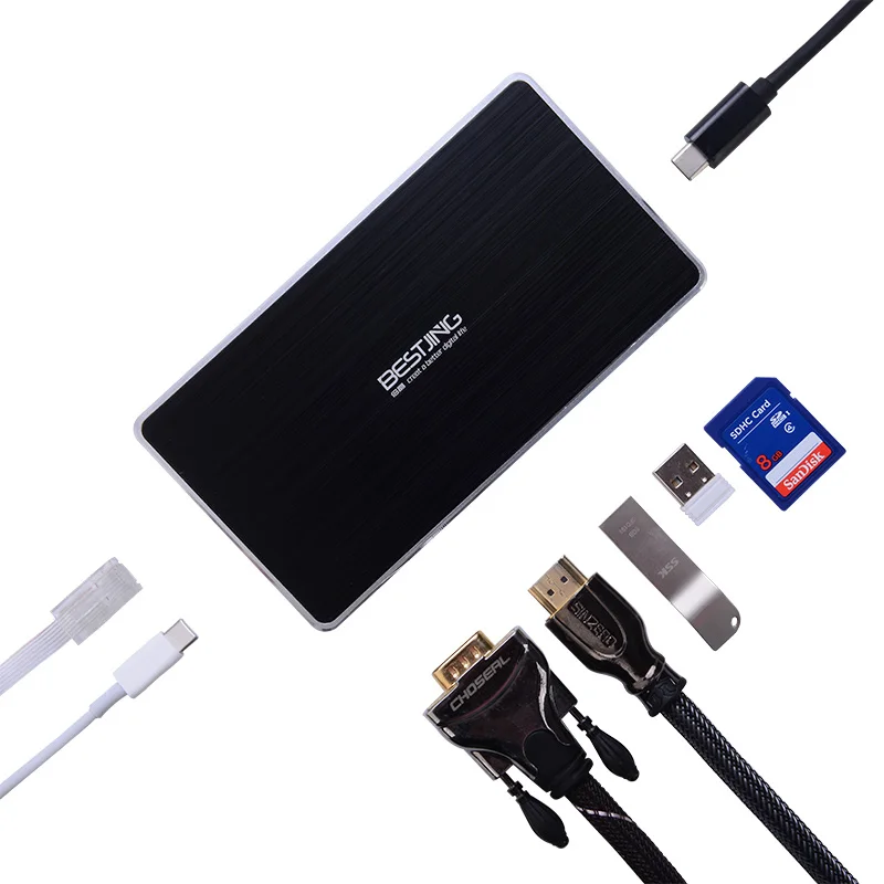 

Bestjing USB-C Hub 8 in 1 Type C to 4K HDMI Ethernet PD Power Delivery SD Card Reader VGA Type-C 2USB 3.0 Adapter