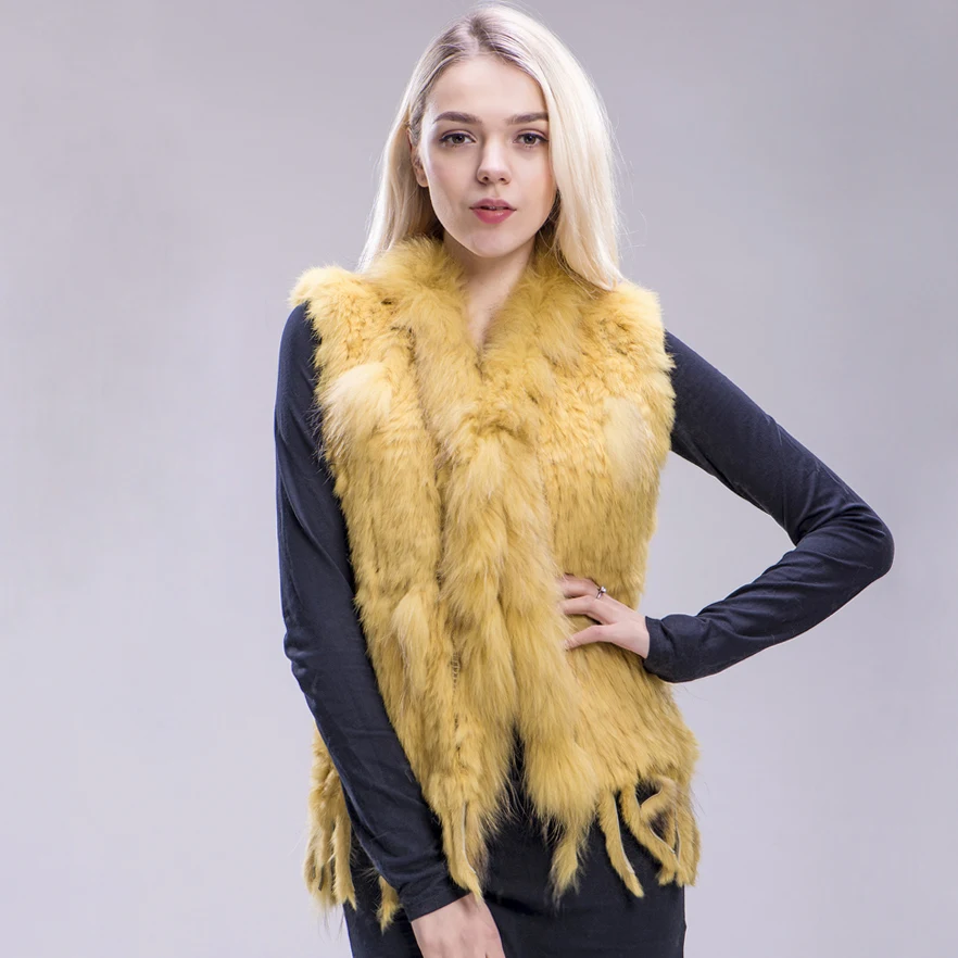

ZDFURS* 2018 new colors Women Genuine real Rabbit Fur Vest coat tassels Raccoon Fur collar Waistcoat wholesale drop shipping