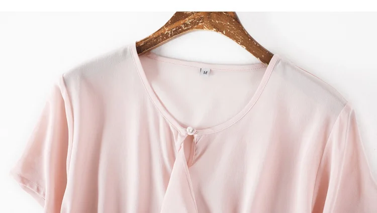 Женская шелковая блузка из натурального шелка, креповая однотонная блузка с оборками, рубашка с коротким рукавом,, Весенняя летняя розовая рубашка