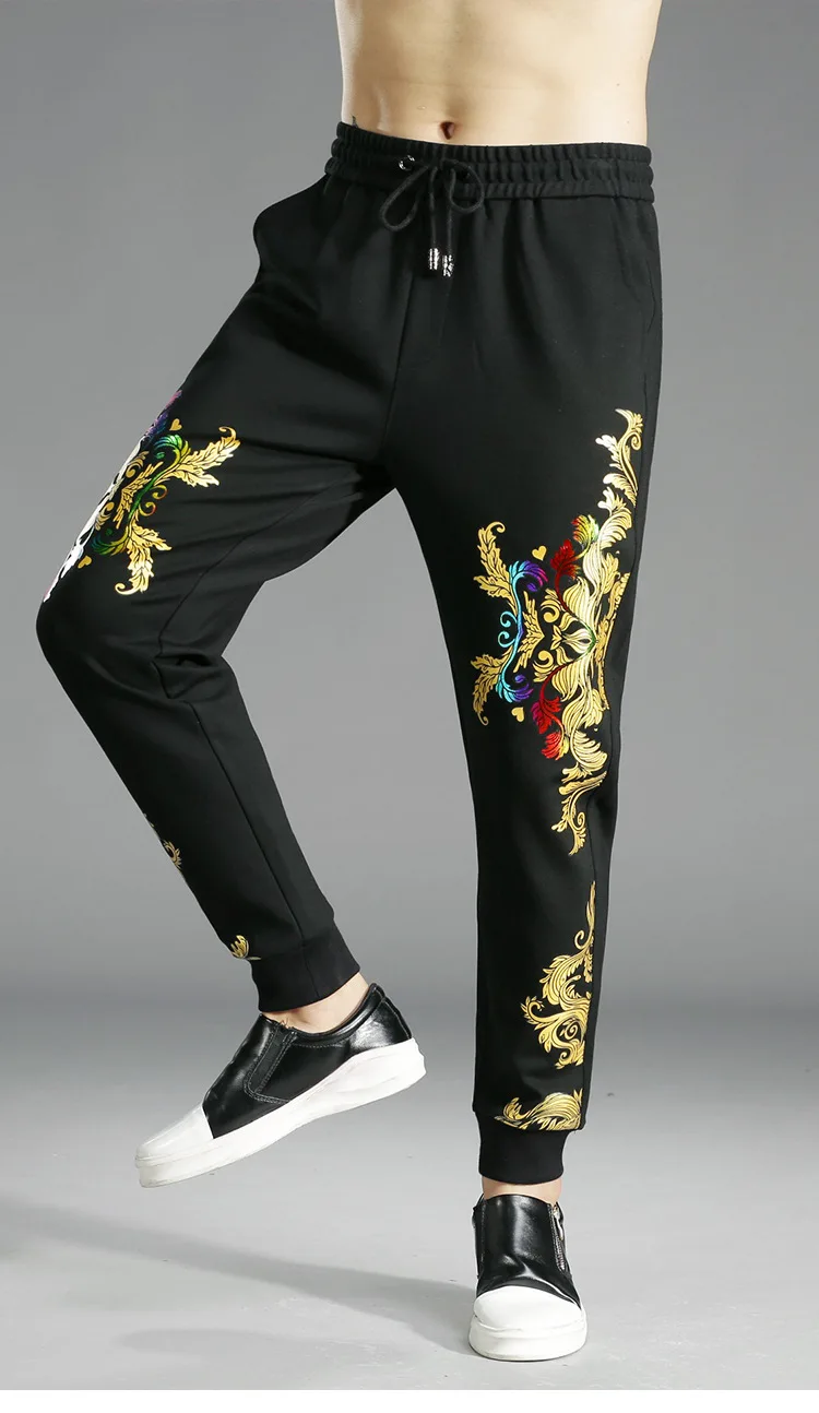 Осенне-зимняя модная спортивная одежда с золотым цветочным принтом, спортивные мужские штаны для бега, черные длинные брюки, повседневные штаны, мужские спортивные штаны