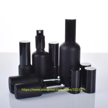 

wholesale 5ml to 100ml black frosted glass bottle with pump/sprayer,for lotion/perfume/essential oil/moisturizer/facial water