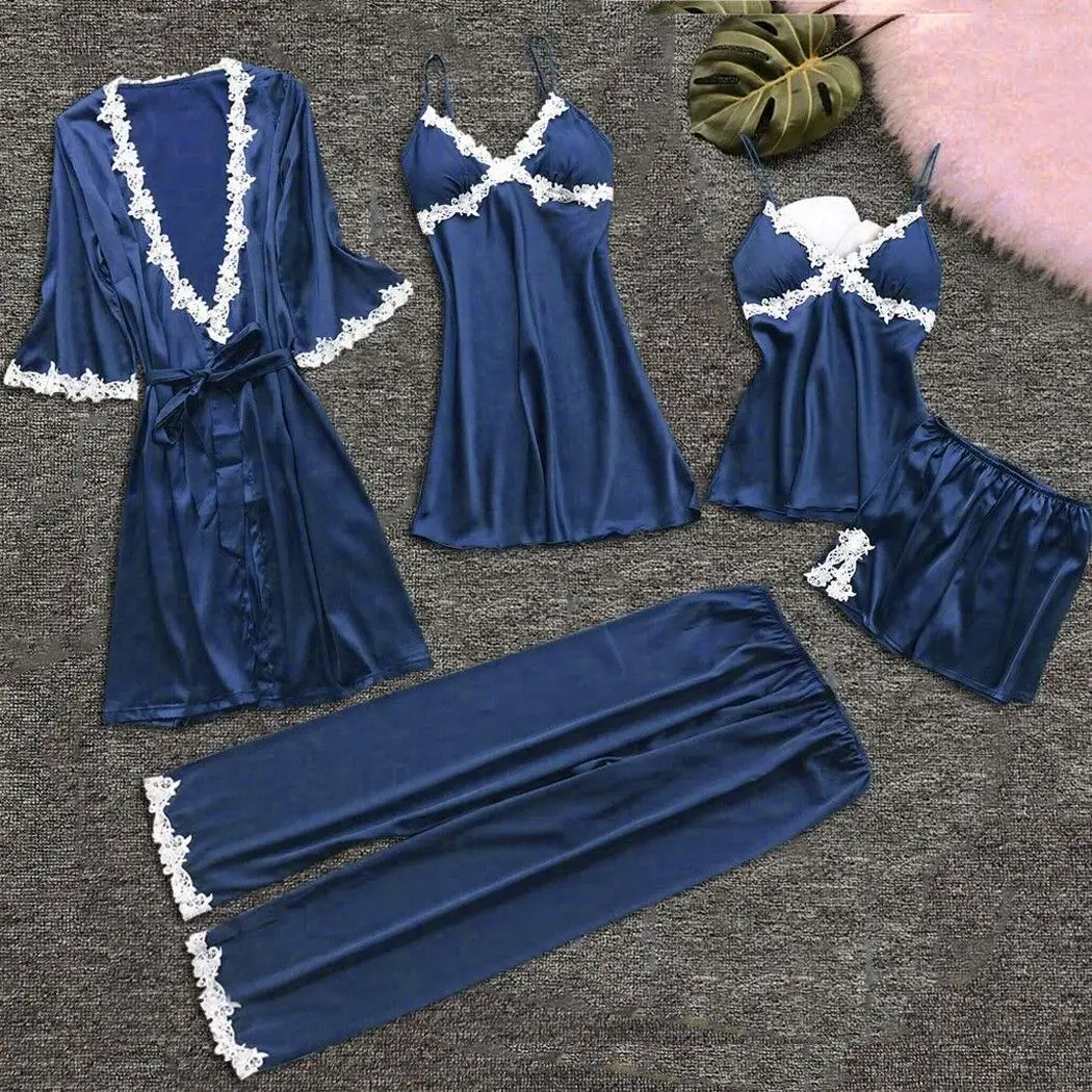 

Sexy Women Robe & Gown Sets Pajamas Lace Nightdress 5 PCS Sleepwear Summer Sleeve Nightgown Set Faux Silk Robe Femme Lingerie