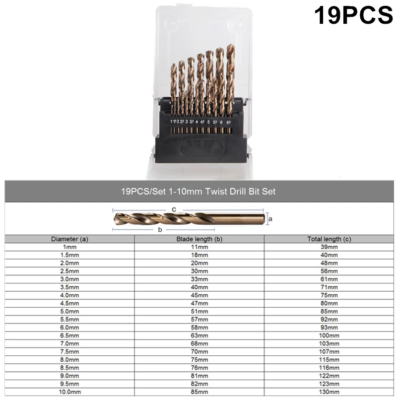 Кобальтовое сверло набор M35 1-10 мм/1-13 мм HSS сверло с цилиндрическим хвостовиком для металла сверло из нержавеющей стали - Цвет: 19PCS