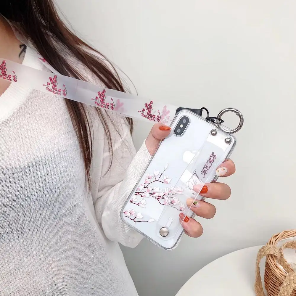 

transparent plum blossom Pattern rope Phone Case For iphone Xs Max XR X 8 6 6s 7 plus fashion Holder Cover Wrist Strap Case