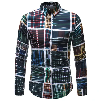 

2019 Autumn Floral Print Men Geometric Shirt Long Sleeve Casual Black Retro Printed Slim Dress Shirts