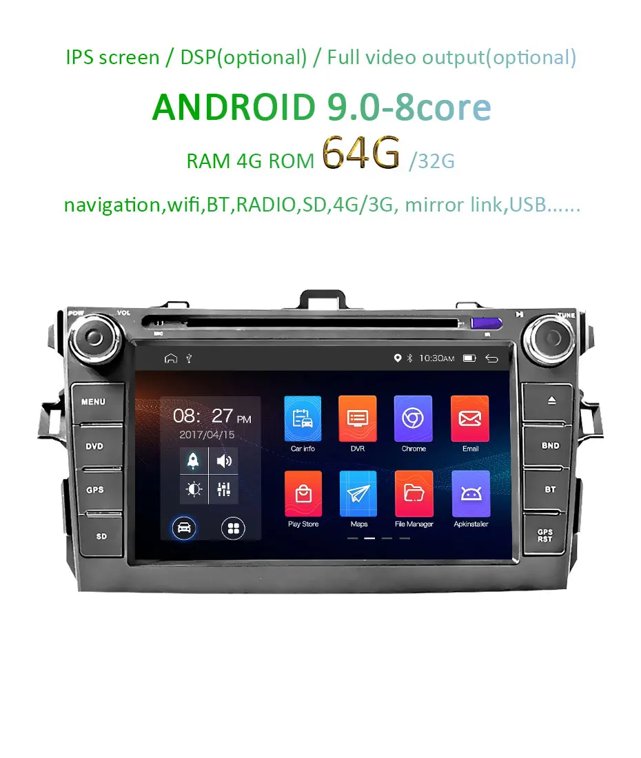 Best DSP IPS 4G 64G Android 9.0 AV Output 2 DIN DVD PLAYER For Toyota Corolla 2007 2008 2009 2010 2011 GPS Navigation Stereo Radio 1