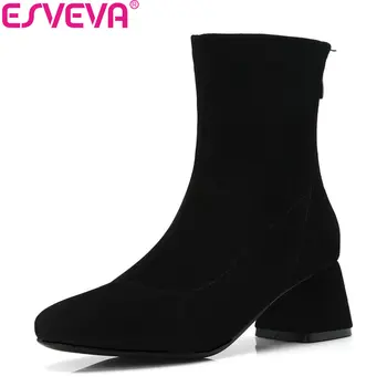

ESVEVA 2019 Women Shoes Zipper Square Med Heels Ankle Boots Shoes Sewing Short Plush Square Toe Autumn Woman Boots Size 34-43
