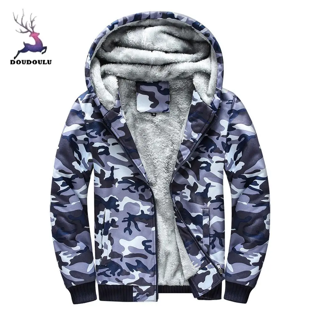 DOUDOULU Mens Camouflage Hoodie Winter Warm Fleece Zipper Sweater