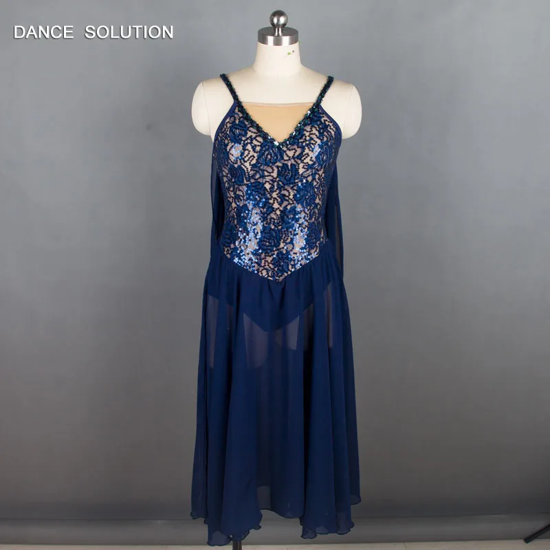 

Navy Blue Girls Ballet Chiffon Dress Sequin Bodice Leotards Child Adult Dancewear For Lyrical & Contemporary Stage Costume 18443
