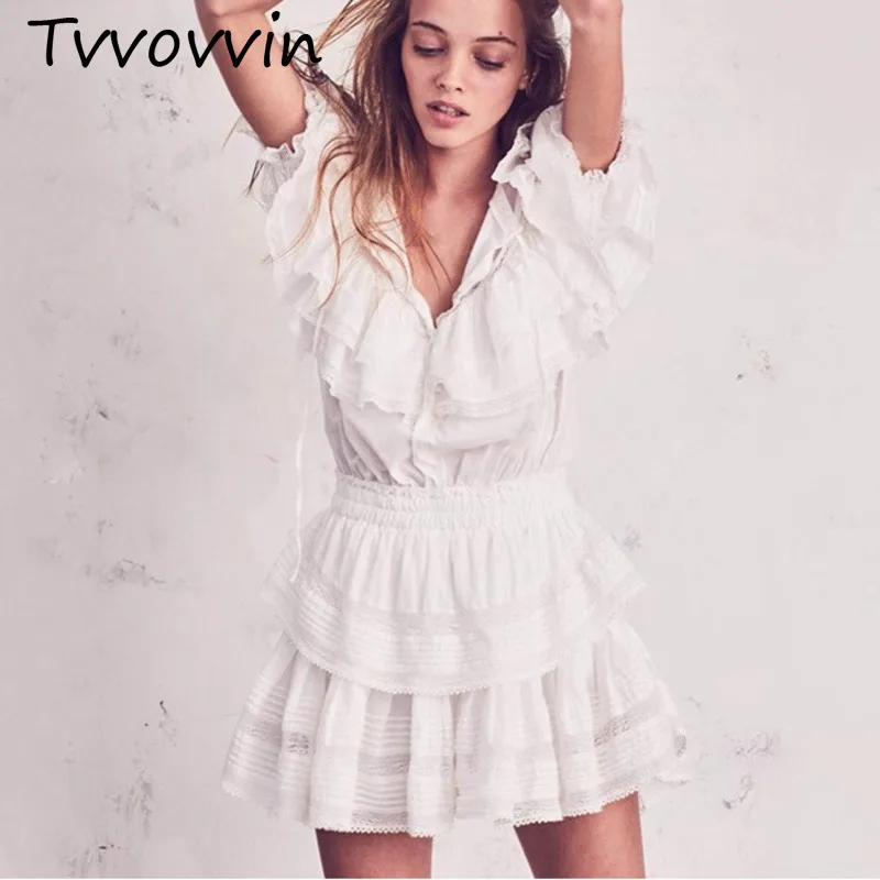 

2019 Vacation Bohemian Beach Dress Women Summer White/Pink Lace Chiffon Ruffles Mini Dress Vestidos Dresses V720