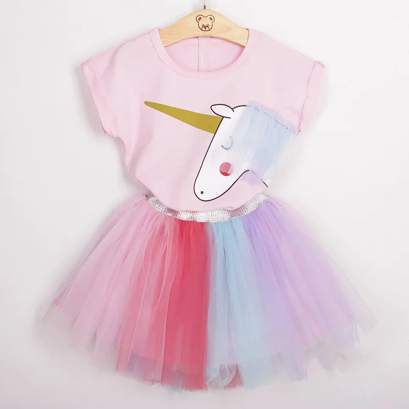 Летние детские для маленьких девочек Единорог одежда футболка с коротким рукавом топы Радужная юбка-пачка 2 шт. наряд принцессы комплект