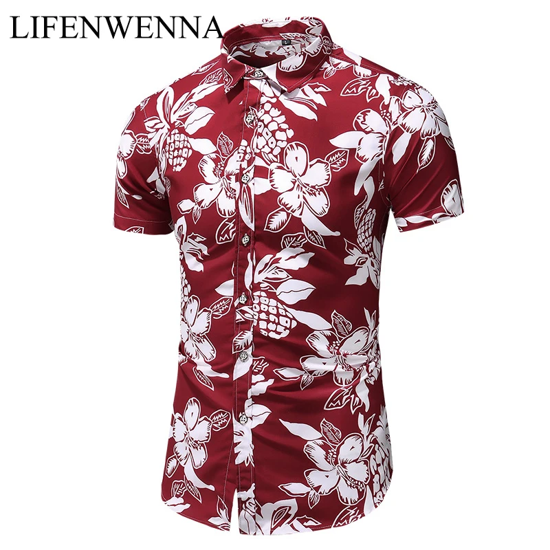 

Summer New Arrival Shirts Men 2019 Fashion Print Short Sleeve Hawaiian Shirt Male Casual Flower Slim Fit Beach Shirts Plus M-7XL