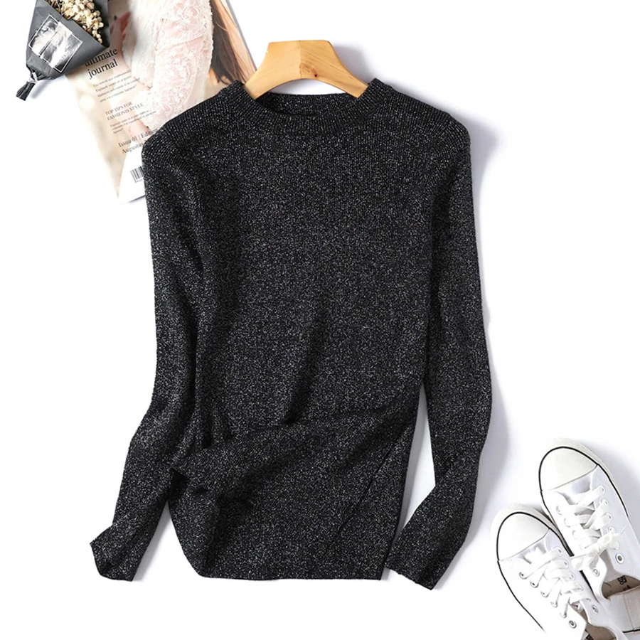 

2019 New Shiny Lurex Knitted Spring Autumn Sweaters Women Long Sleeve Pullovers Sweateras Knit Tops Femme Famale Basic Sweaters