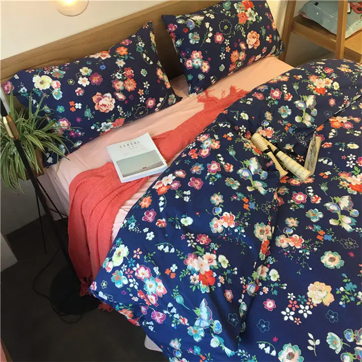 2018 summer 60s cotton bedding set queen size 4pcs tribute satin bed sheet reactive printing Butterfly flowers duvet cover | Дом и сад
