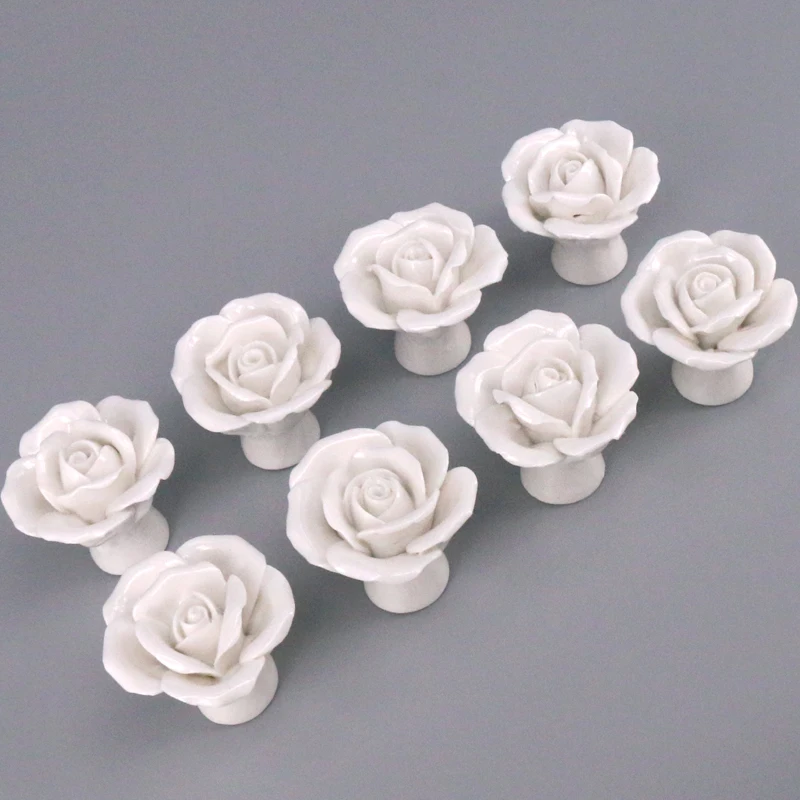 Pack Of 4 x White Ceramic Cupboard Drawer Door Knobs Floral Chintz Flower Design