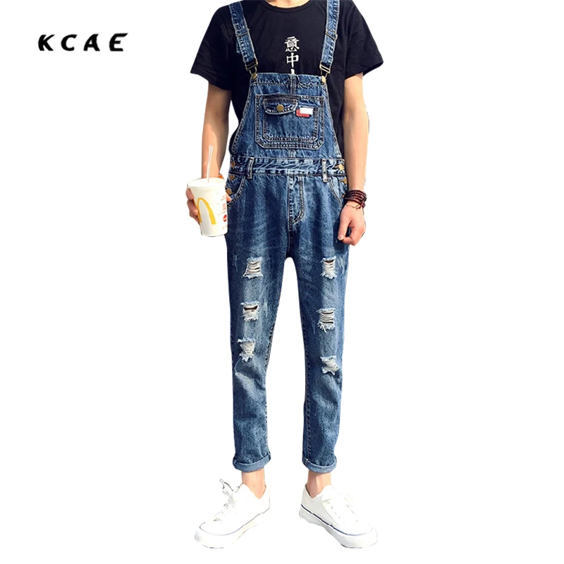 

2017 New Mens Holes Bib Overalls Fashion Ankle Length Denim Overalls Men Ripped Jeans Male Denim Jumpsuit