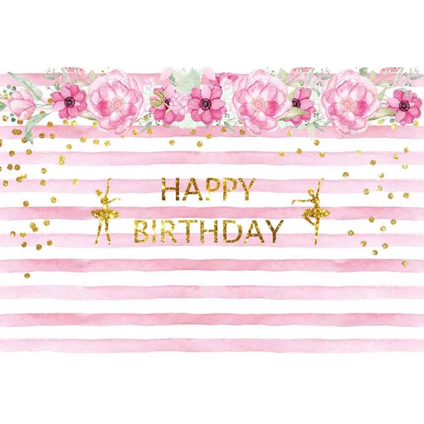 BINQOO 7x5ft Gold Glitter Birthday Backdrop Pink Flower Floral Stripes Photograp 