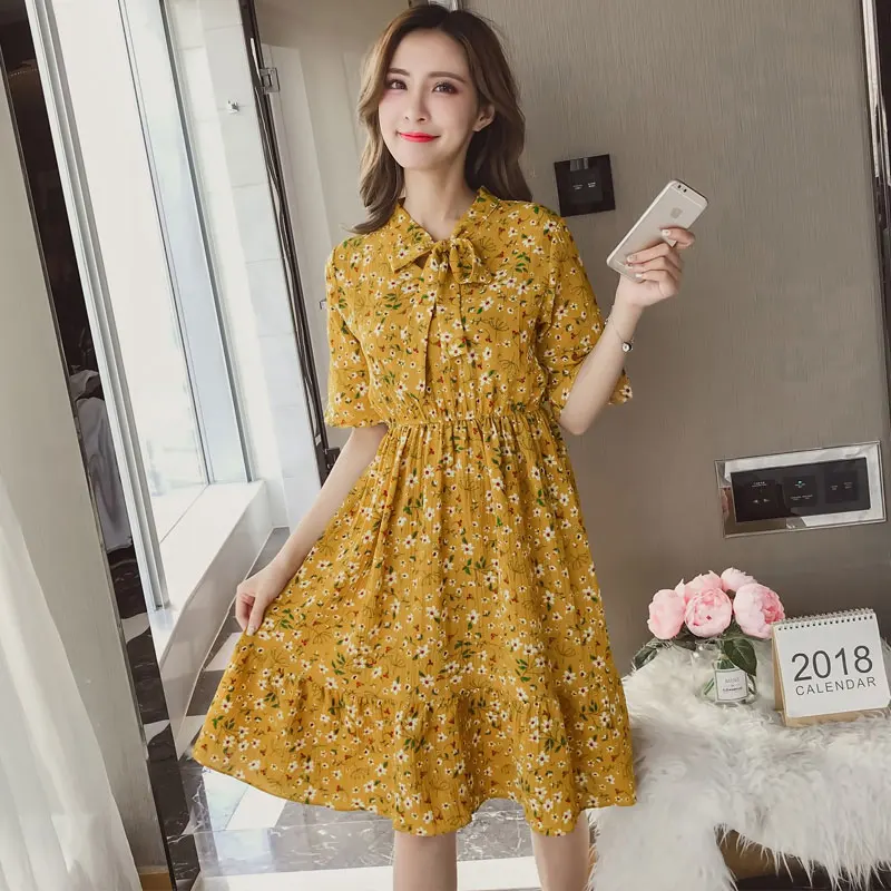 

9 Colors Korean Floral Dress Women Bowtie Chic Dot Printed Chiffon Summer Dress Elegant Casual Simple All Match Robe Femme S-XL