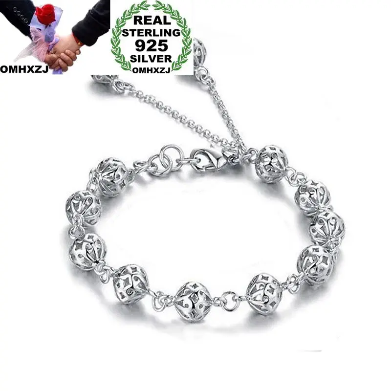 

OMHXZJ Wholesale Personality Fashion OL Woman Girl Party Gift Silver Hollow Round Beads Chain 925 Sterling Silver Bracelet BR28