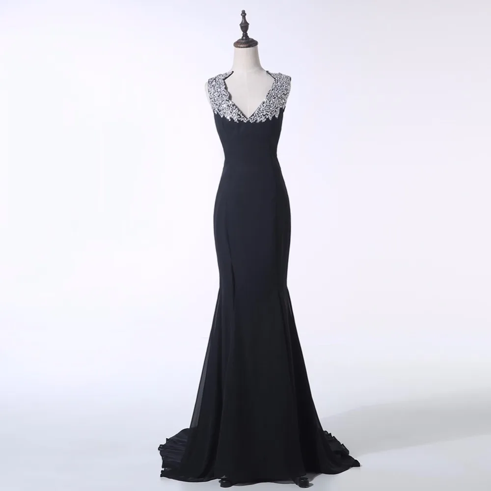 PRD249 Реальный образец особых случаев Черный Русалка бисером шифон вечернее платье Элегантное Длинное платье для выпускного вечера