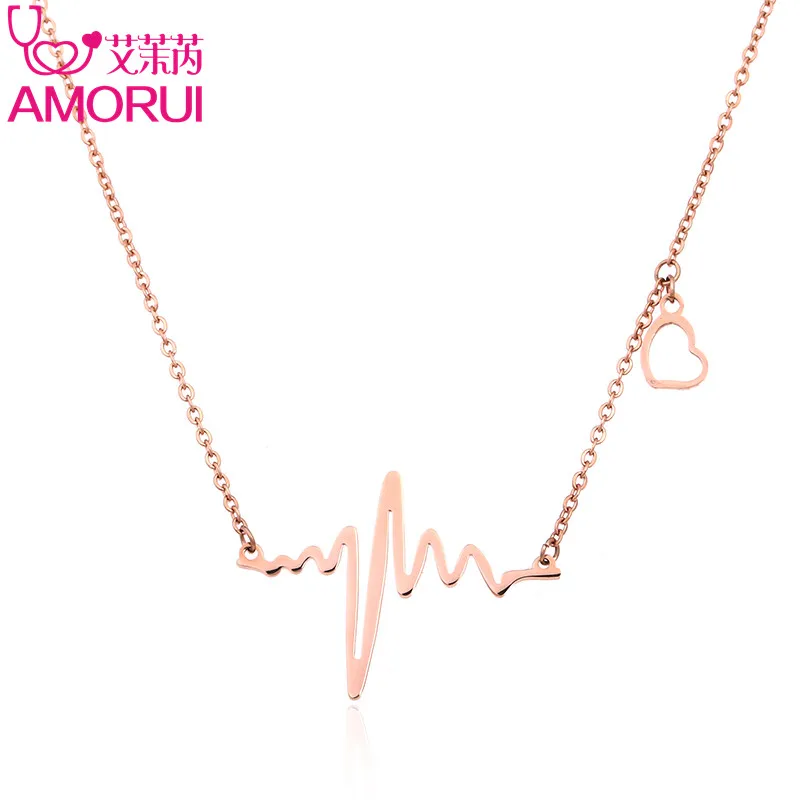 AMORUI Fashion Heartbeat Pendant Chain Necklace Women Rose Gold/Gold/Silver Color Choker Stainless Steel Necklaces Jewelry 30Pcs