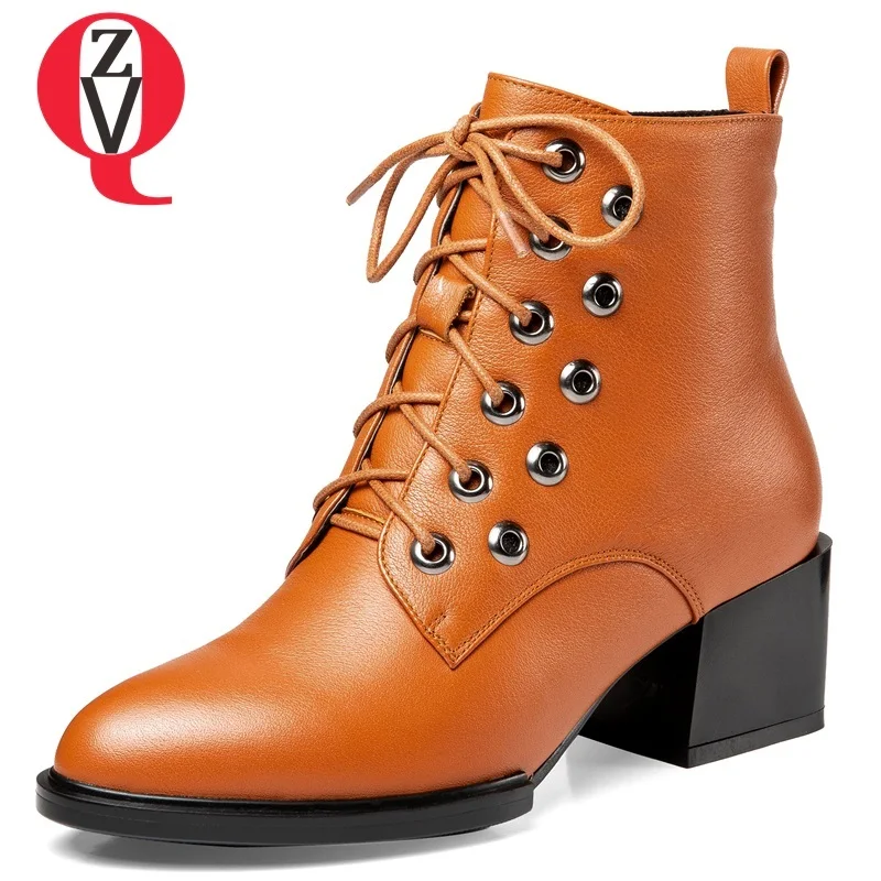 

ZVQ women shoes 2018 new winter warm genuine leather high square heel solid zip cross-tied round toe ankle boots free shipping