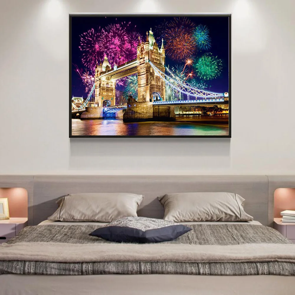 Алмазная картина Huacan, ночная Алмазная вышивка, распродажа, лондонский дом, декоративная вышивка крестиком, полная квадратная Алмазная мозаика, мост
