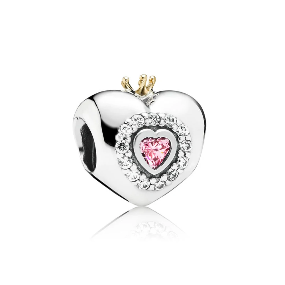 

NEW 100% 925 Sterling Silver Princess Heart Charm Pink CZ Bead Fits Original Bracelets DIY Jewelry For Mother Gift