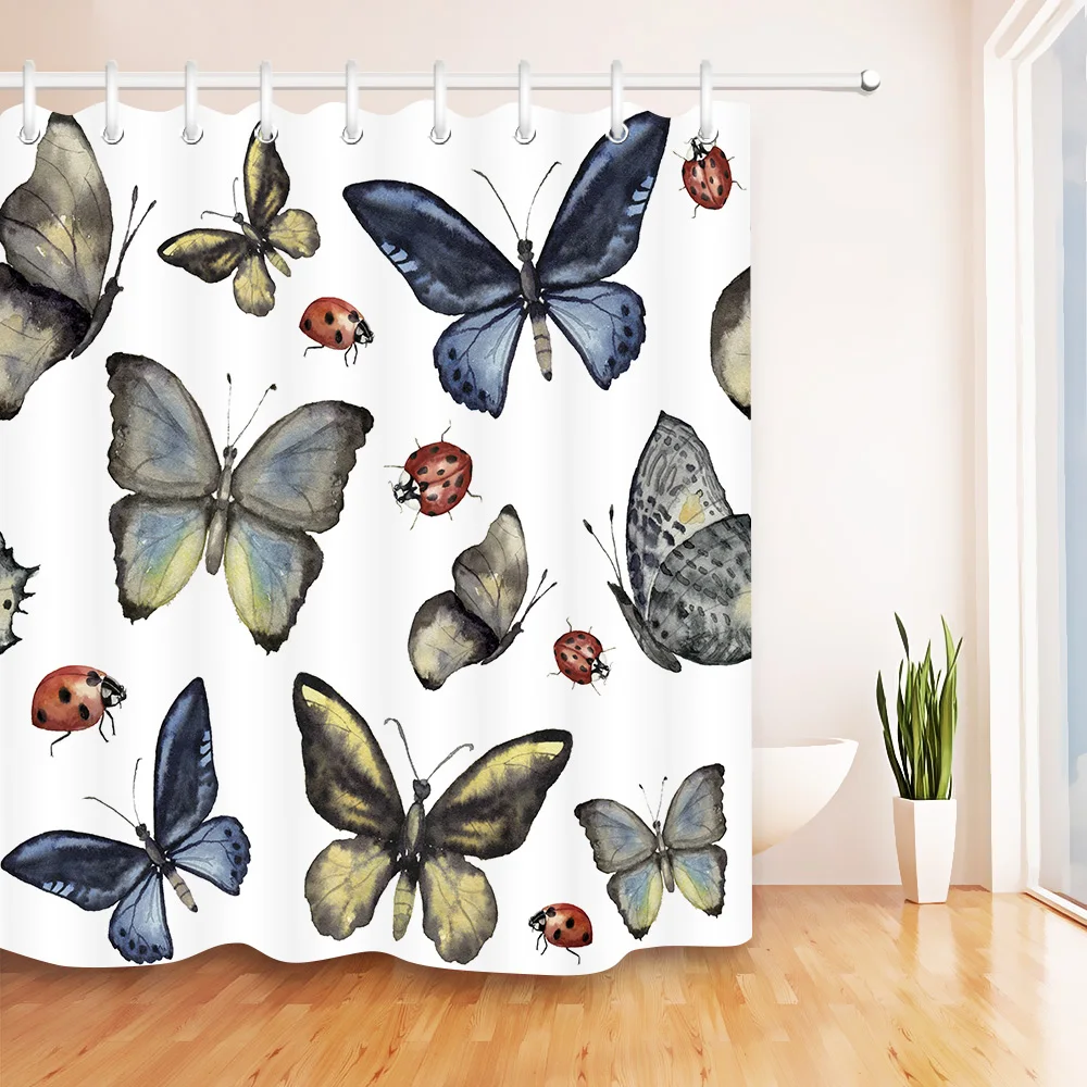 72/" Waterproof Fabric Bathroom Mat Shower Curtain Home Decor Black Butterfly