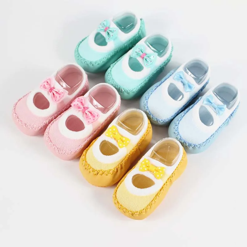 Baby First Walkers socks Anti Slip Newborn 0-12M Cotton Lovely Cute Shoes bow Cartoon Slippers Boots Boy Girl Skid Socks