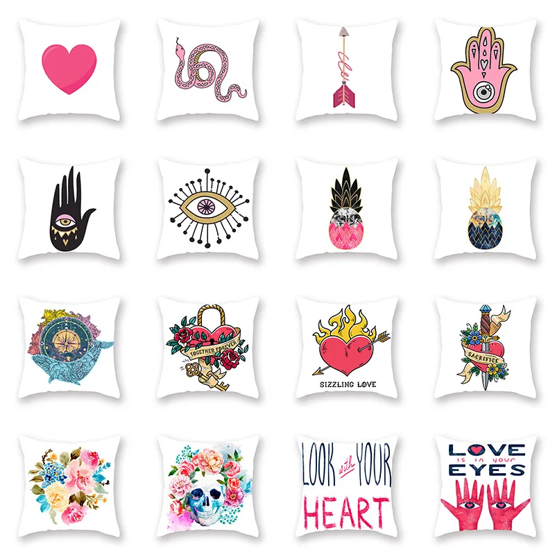 

Eye of Fatima Printed Pattern Cushion Covers Pink Hand Snake Pineapple Skull Flowers Red Heart Throw Pillows Case for Couch Sofa