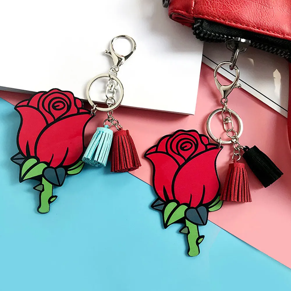 

1Pcs Rose Flower Tassel Pendant Keyring Keychain Pendant Keychain for Car Key Handbag Bag Purse