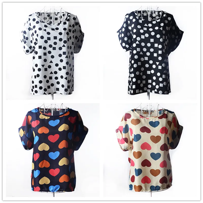 Summer Stars Blouse Women Sunflower Bird Chiffon Print Blouse Stripe Plaid Shirt Cross Love Blouse Short Sleeve Lipstick Shirts (10)