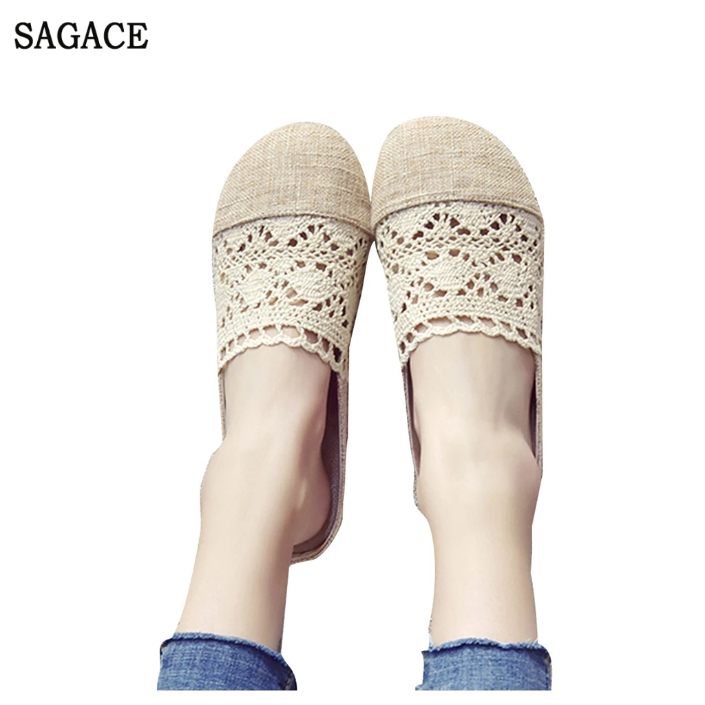 

SAGACE Roman Women Breathable Lace Hollow Out Soft Bottomed Flat Shoes Casual Loafers Ladies Summer Round Toe Shoes