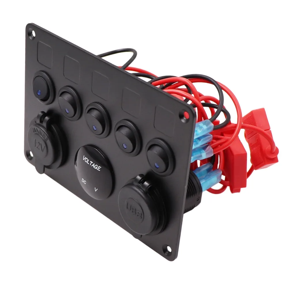

New 5 Gang ON-OFF Toggle Switch Control Panel with Digital Voltmeter 2 USB Charger 12V for Car Marine Boat Switch Panel