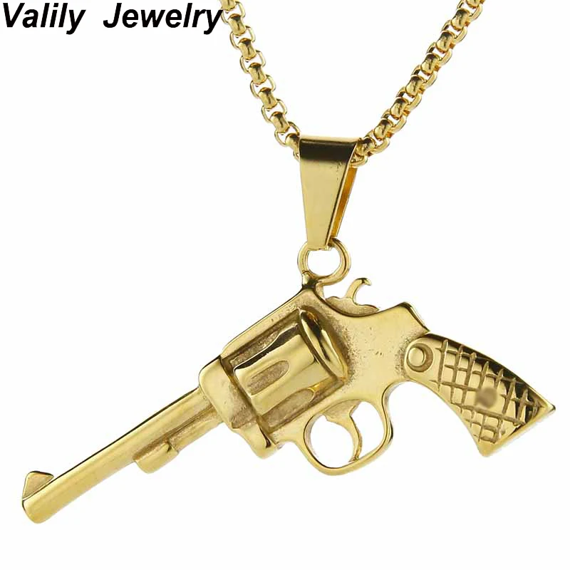 

EdgLifU Golden Box Chain Pistol Pendant Necklace Men Stainless Steel Hot Game JS Cross Fire Weapon Gun Necklace Jewelry