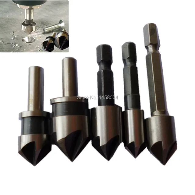 5 Pcs Countersink Drill Bit Set, 82 Degree, 5Flute With 1/4" Quick Change Hex Shank, Sizes 1/4" To 3/4" For Metal, Wood & Plastic, Ideal For Carpentry, Metalwork, Plastic Fabrication
