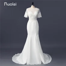 Real Image Elegant Sheer Top Short Sleeves Appliques Pearls Mermaid Wedding Dresses 2017 Long Bridal Gown Wedding Party FW86