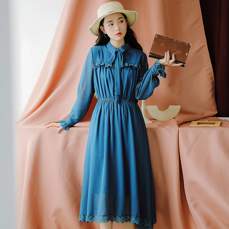 Mori Girl Spring Autumn Women Chiffon Dress Bow Collar Blue White Elegant Korea Party Long Dress Gorgeous Sweet Lady Lace Dress