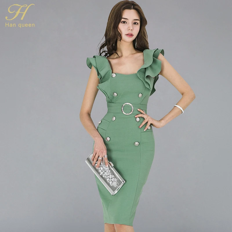 

H Han Queen 2018 summer solid color pencil dress OL women Korean zipper square collar ruffles button slim strap split dresses