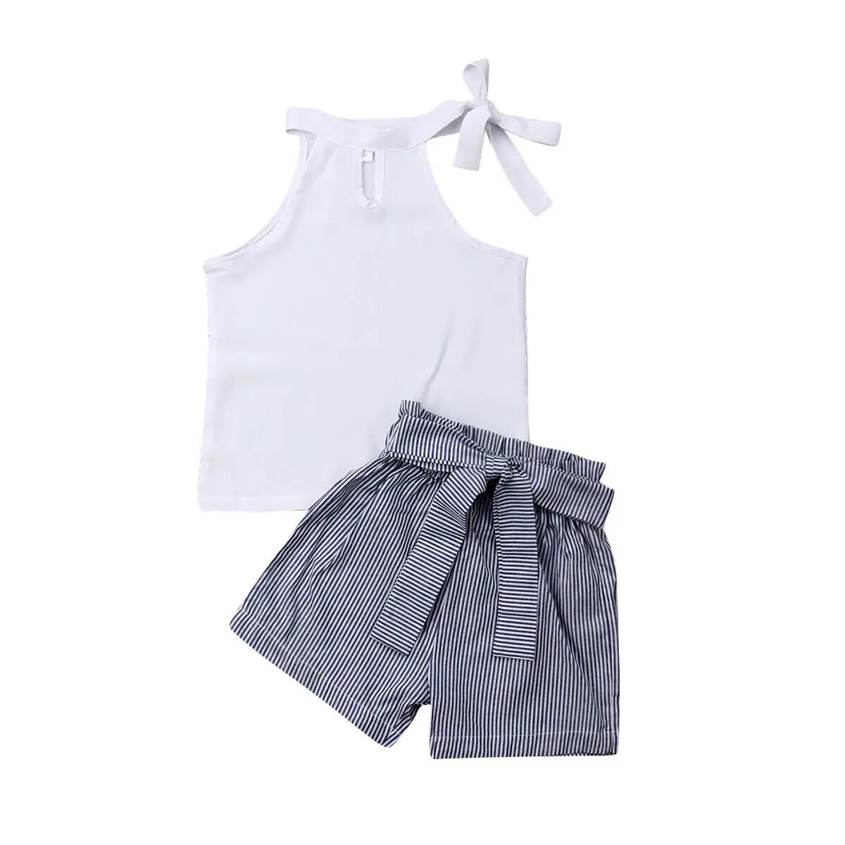 

Toddler Kids Baby Girl Fashion Clothes Sets Sleeveless White Vest Tops+Striped Bow Shorts Outfit 2-7Y
