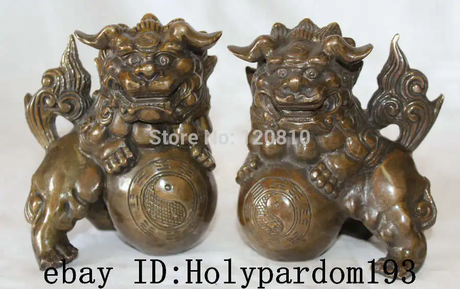 

Free Shipping Pair Chinese Home Fengshui Copper Bronze Foo Fu Dog Play Ball Male Female Statue