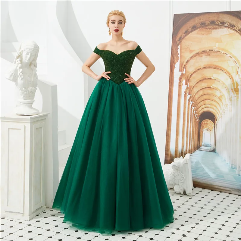 dark green off the shoulder prom dress