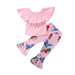 2 шт. для маленьких девочек летняя одежда от Shoudler футболка + расклешенные брюки комплект Детский комплект для маленьких девочек одежда из
