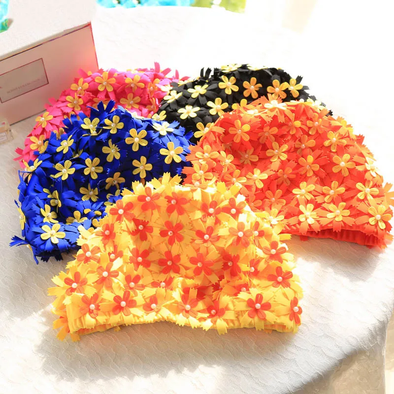 

Female Swimming Caps 3D Flower Pearl Ear Protection Swimming Caps