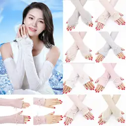 Новый Для женщин Дамская Мода Удобные однотонные перчатки солнцезащитный крем длинные кружевные митенки без пальцев Упругие Горячие