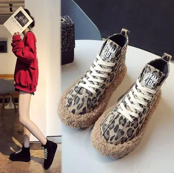 

Leopard Fur Shoes High-top Shoes Women's Boots Autumn & Winter Korean Version of Harajuku plus Velvet Keep Warm Boots Female