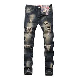 Зимние осенние прямые джинсовые брюки для мужчин, большие размеры, обтягивающие рваные джинсы, мужские длинные джинсовые брюки, размер 28/42